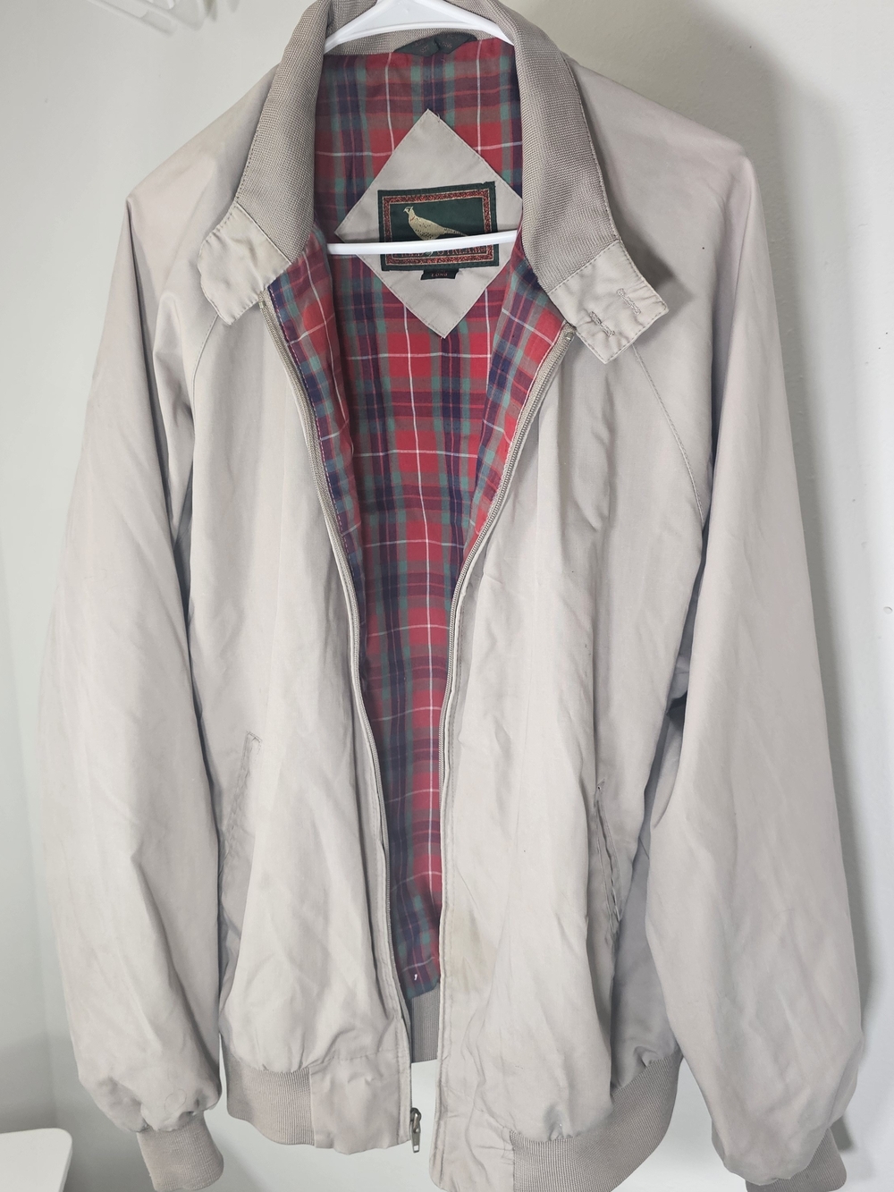 Field & Stream Light Gray Bomber Jacket with Red Plaid Lining